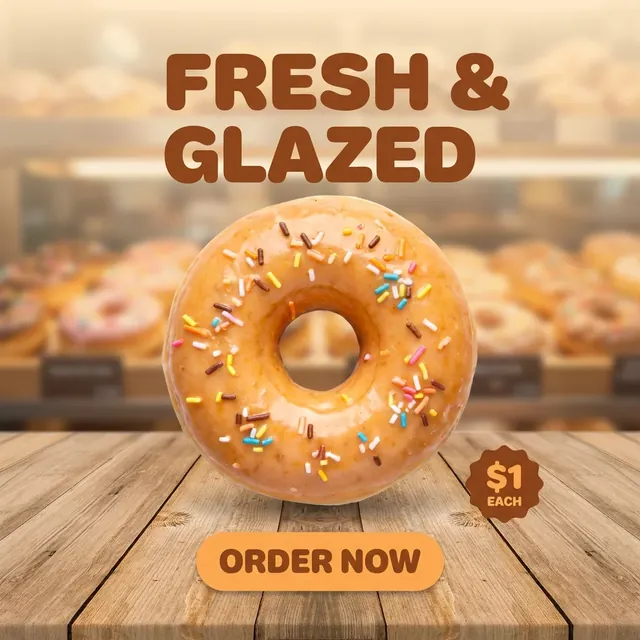 Derselbe Donut als fertige Anzeige: Überschrift, Preis und ein Bestell-Button