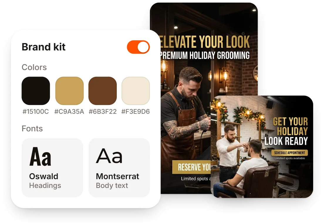 Das Brand Kit eines Barbershops mit Farben und Schriften, dazu eine Story und ein Post in diesem Stil