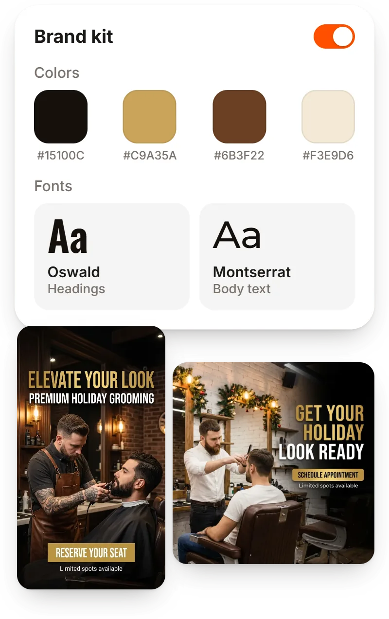 Das Brand Kit eines Barbershops mit Farben und Schriften, dazu eine Story und ein Post in diesem Stil