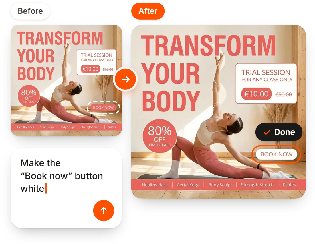 Bearbeitung per Texteingabe: Der Button „Book now“ auf dem Post eines Yogastudios ist jetzt weiß