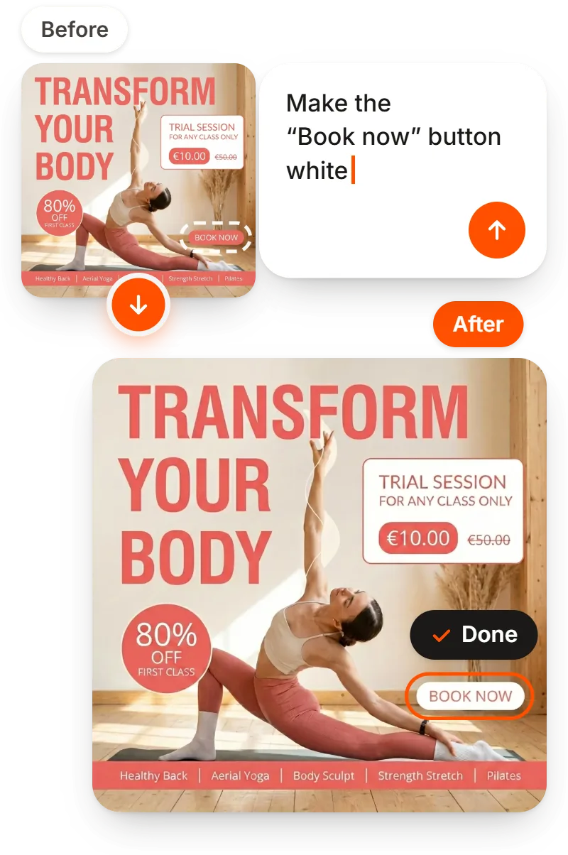 Bearbeitung per Texteingabe: Der Button „Book now“ auf dem Post eines Yogastudios ist jetzt weiß
