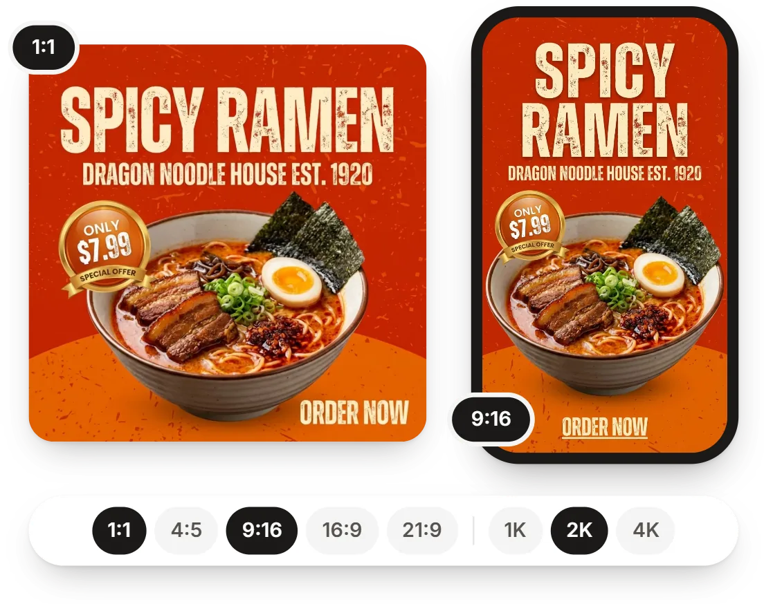 Das Design einer Ramen-Bar in zwei Formaten: ein 1:1-Post und eine 9:16-Story auf dem Handy, mit Format- und Qualitätsauswahl