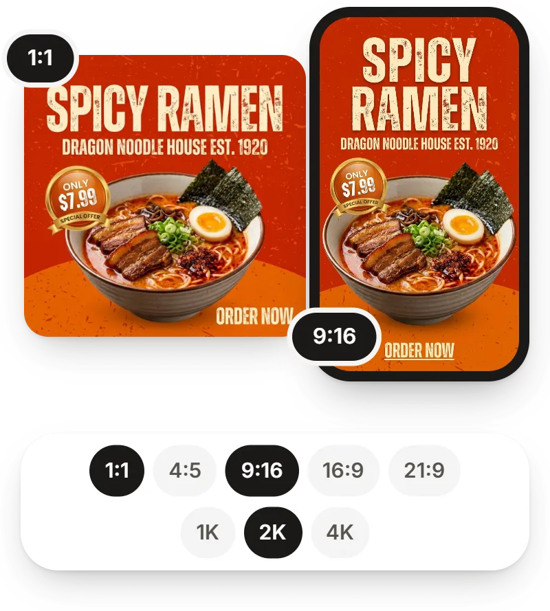 Das Design einer Ramen-Bar in zwei Formaten: ein 1:1-Post und eine 9:16-Story auf dem Handy, mit Format- und Qualitätsauswahl