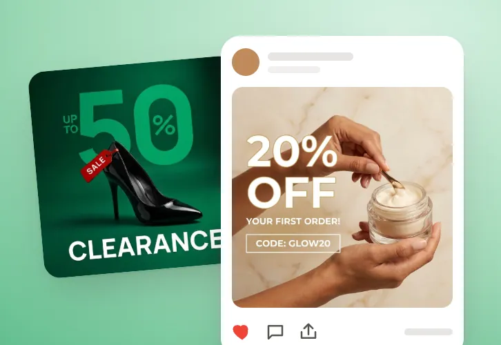 Werbeanzeigen im Feed: ein Schuh-Ausverkauf und 20 % Rabatt auf Hautpflege