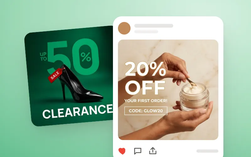 Werbeanzeigen im Feed: ein Schuh-Ausverkauf und 20 % Rabatt auf Hautpflege