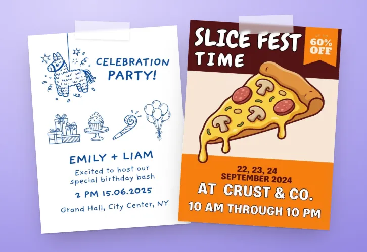 Gedruckte Flyer an einer Wand: eine Einladung zur Kinderparty und ein Plakat für ein Pizza-Festival