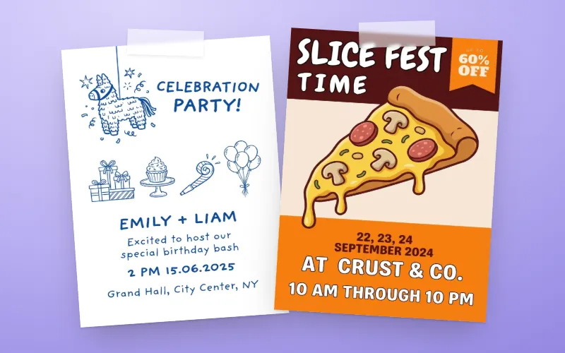 Gedruckte Flyer an einer Wand: eine Einladung zur Kinderparty und ein Plakat für ein Pizza-Festival