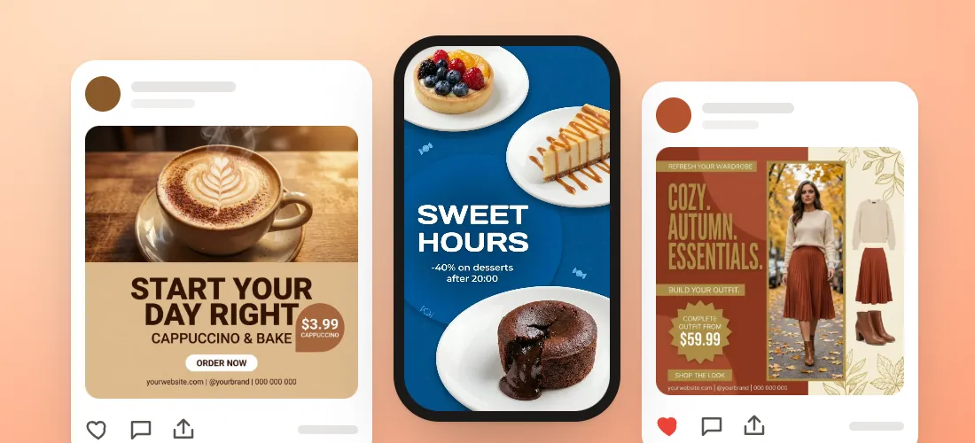 Ein Café-Post und der Post eines Modegeschäfts im Feed, eine Bäckerei-Story auf einem Handybildschirm