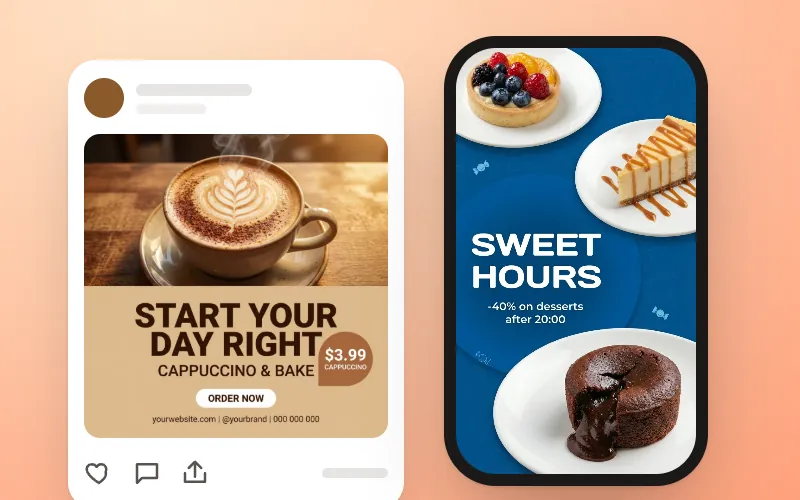Ein Café-Post und der Post eines Modegeschäfts im Feed, eine Bäckerei-Story auf einem Handybildschirm
