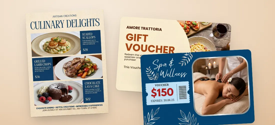 Die Speisekarte eines Restaurants mit Preisen und zwei Geschenkgutscheine