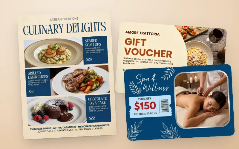 Die Speisekarte eines Restaurants mit Preisen und zwei Geschenkgutscheine