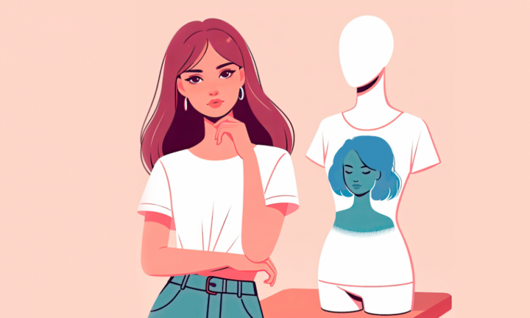 Frau präsentiert ein T-Shirt-Design neben einer Schaufensterpuppe