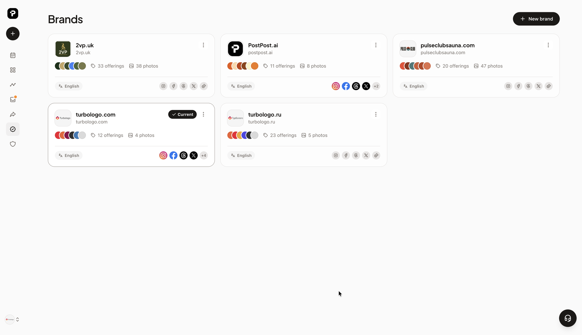 Mehrere Kundenmarken in einem PostPost.ai-Workspace, jede mit eigener Palette und eigenen Kanälen