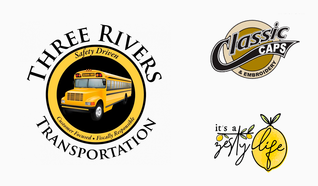 Logos for Three Rivers Transportation, Classic Caps & Embroidery, and It's A Zesty Life, each featuring distinctive designs and color schemes.