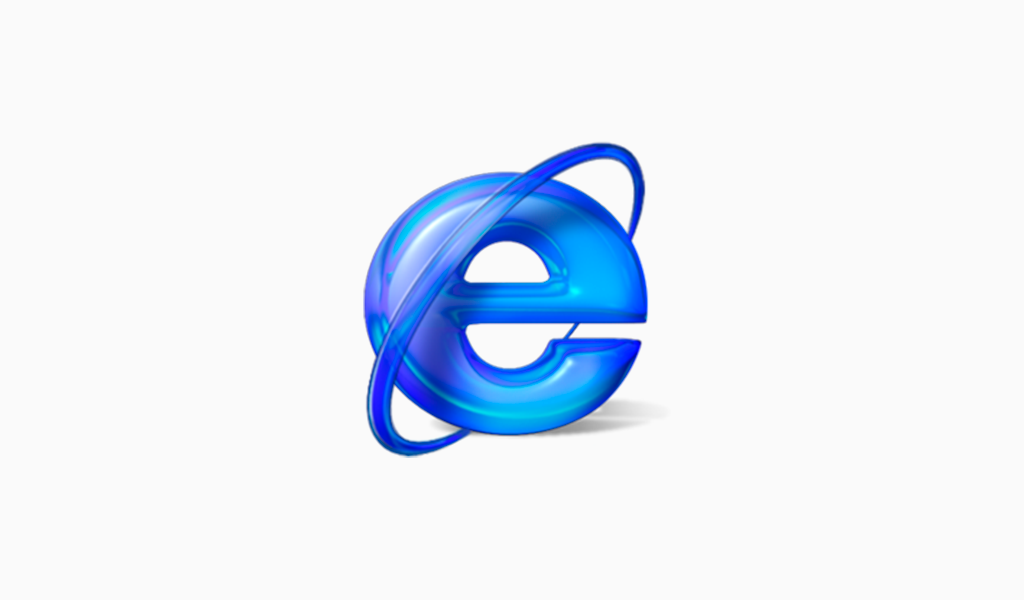 Glossy Internet Explorer logo featuring a bold blue "e" with a translucent swooping orbital line.