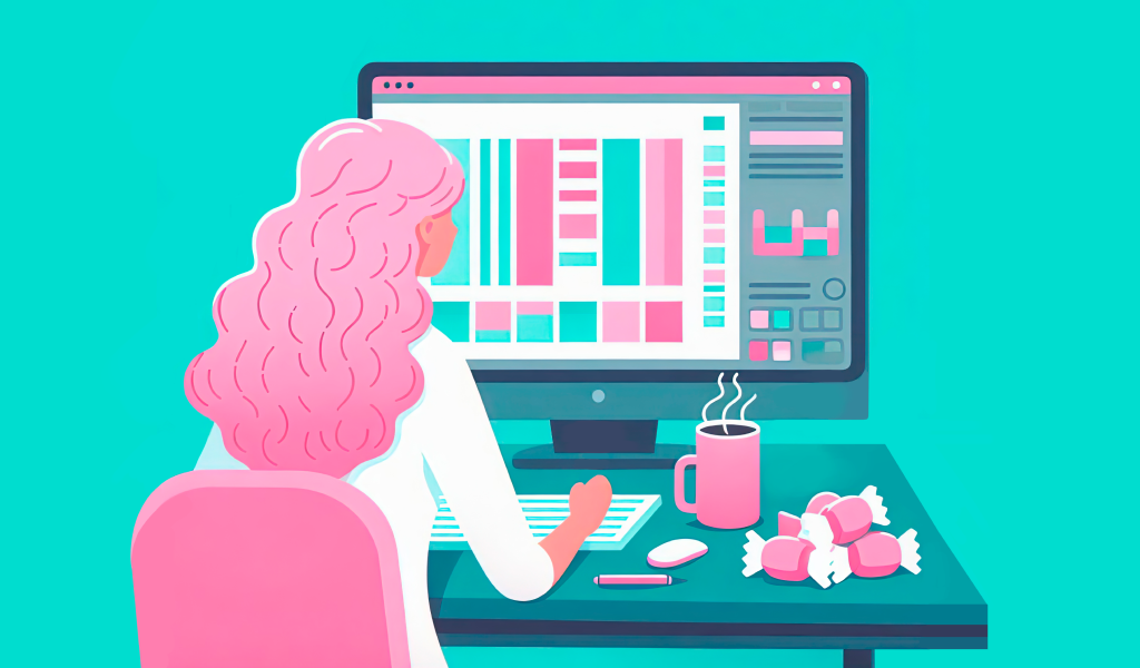 Graphic designer creating candy-colored designs on a computer