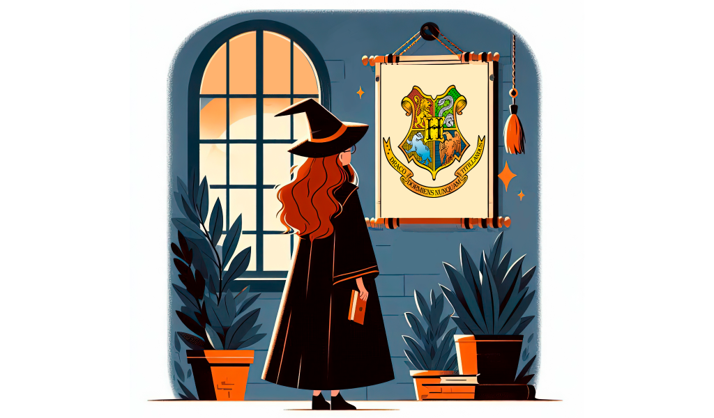 A young witch in a robe standing near a window, looking at a Hogwarts crest on a wall scrol