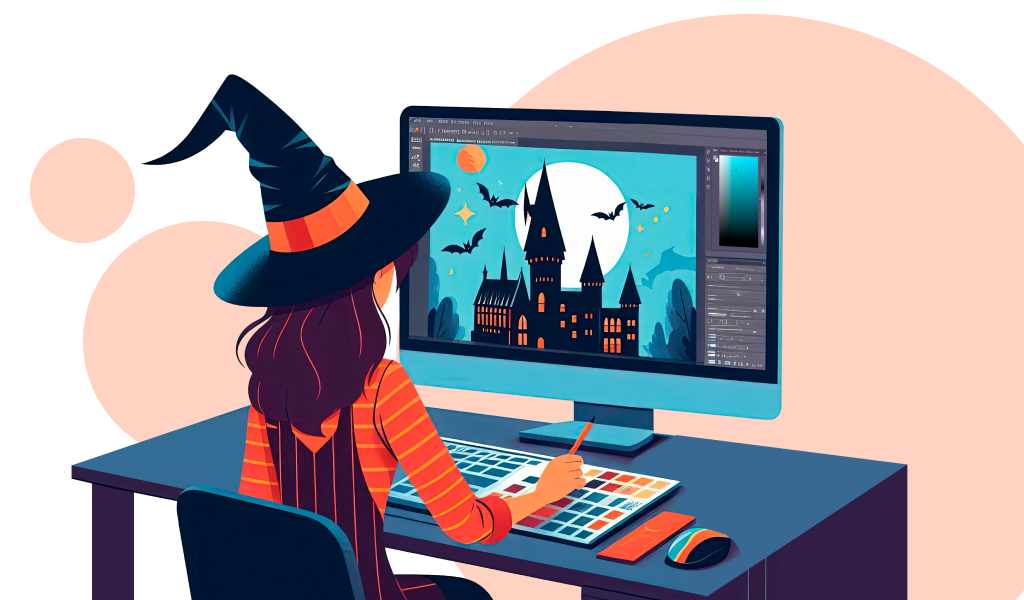 A young witch in a hat working on digital art of a magical castle on a computer