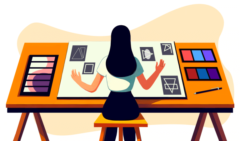 Illustration of designer working on graphic design projects