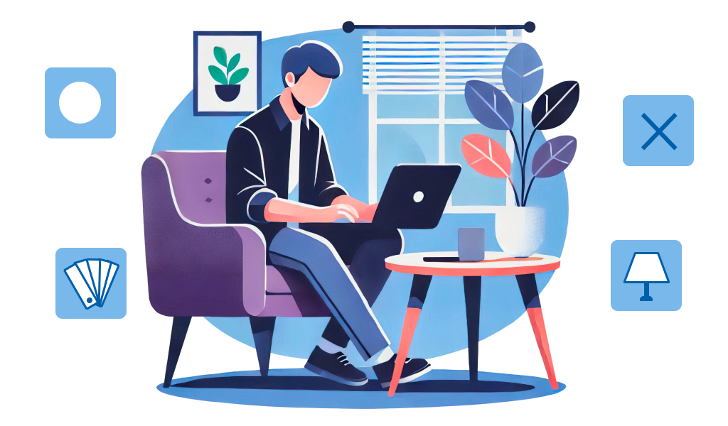 An illustration of a man working on a laptop in a cozy modern workspace, surrounded by graphic design icons like a color palette and shapes.