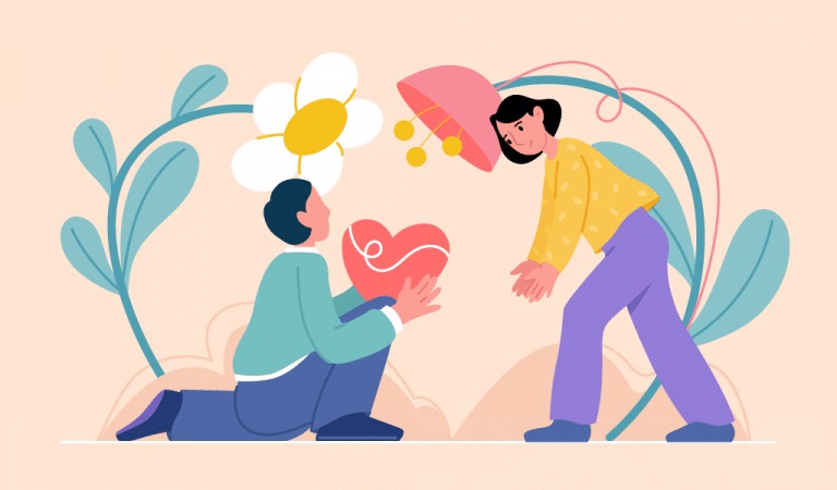 Illustration of a couple with flowers and a heart symbolizing love