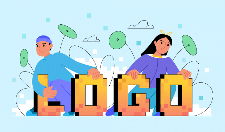 Illustration of people creating Minecraft-style logo design
