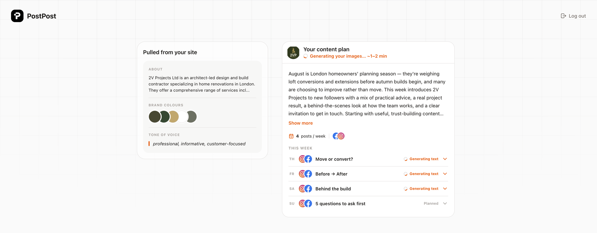 PostPost.ai pulling brand colours, tone of voice and a weekly content plan from a website