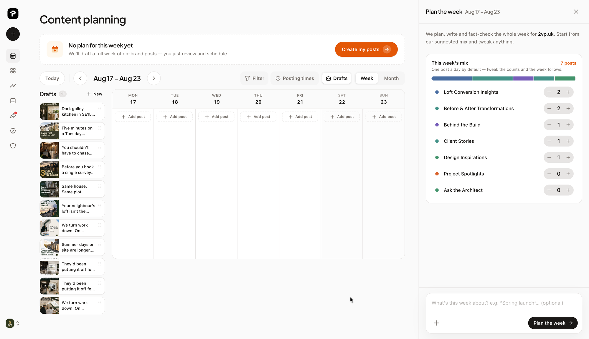 Weekly content plan in PostPost.ai with the mix of content themes for the week