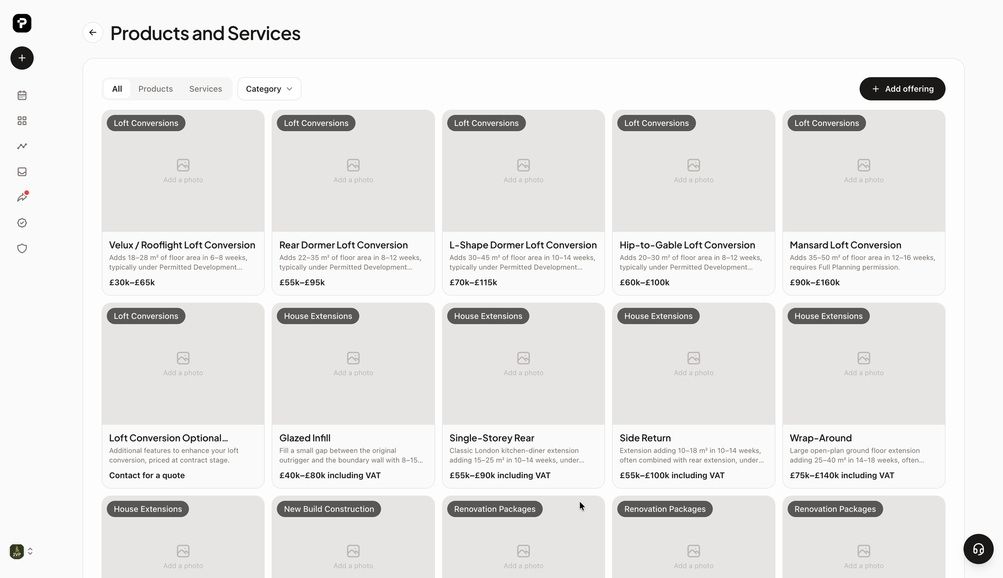 Products and services stored in the PostPost.ai brand profile with descriptions and price ranges