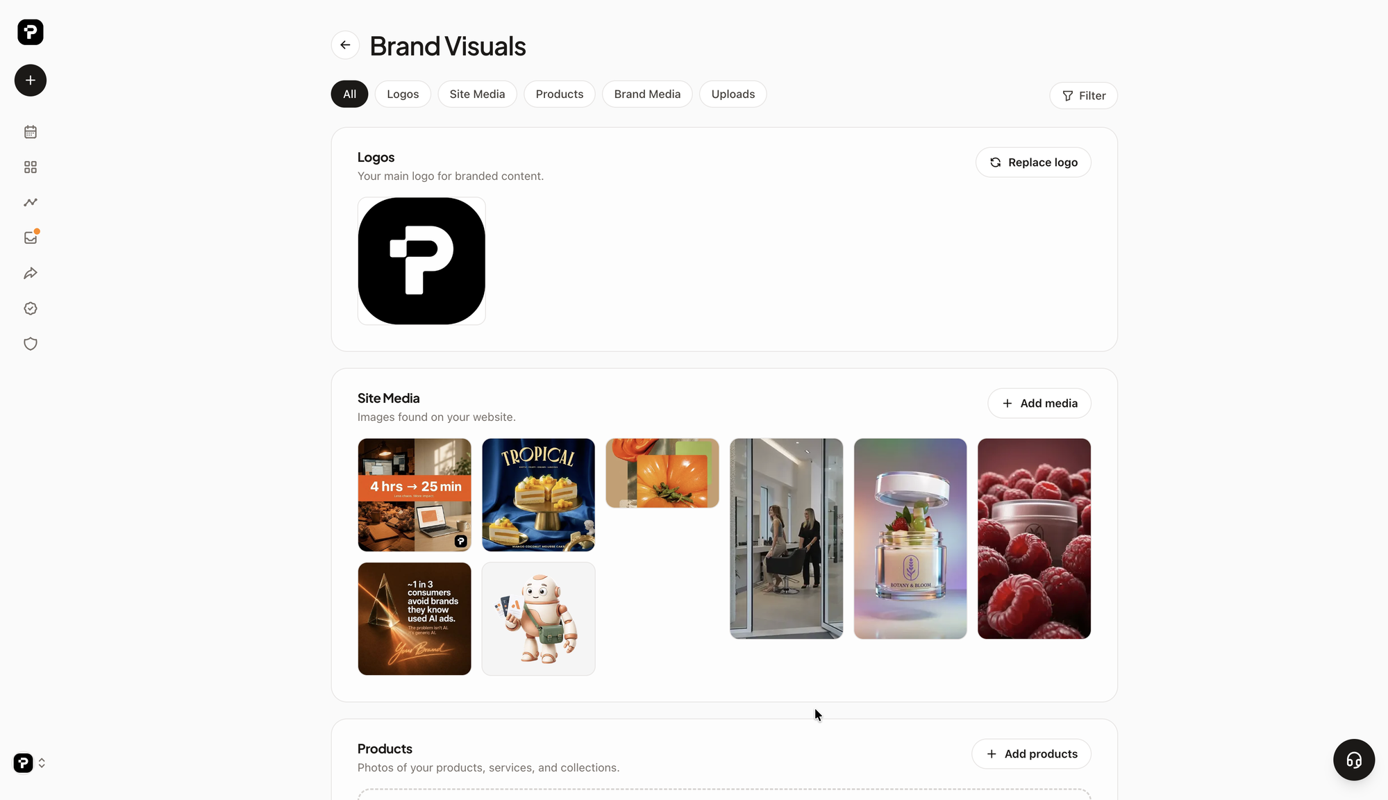 Brand visuals library in PostPost.ai with the logo, images found on the website and product photos