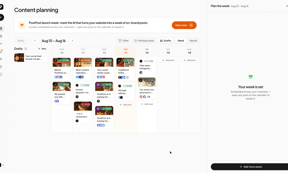 A week of on-brand posts scheduled across Instagram, Facebook, LinkedIn, X, Threads and Telegram in PostPost.ai