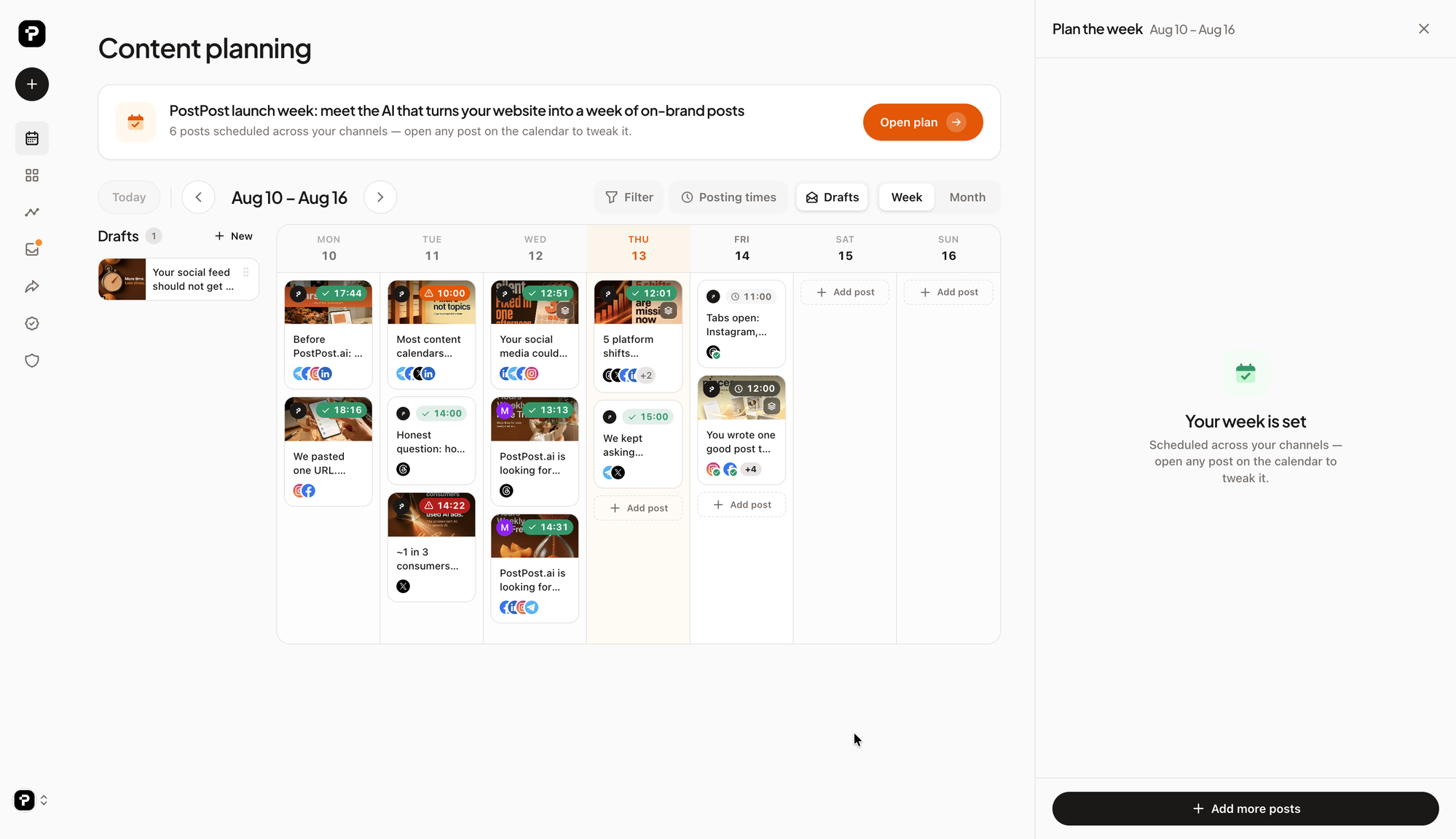 A week of on-brand posts scheduled across Instagram, Facebook, LinkedIn, X, Threads and Telegram in PostPost.ai
