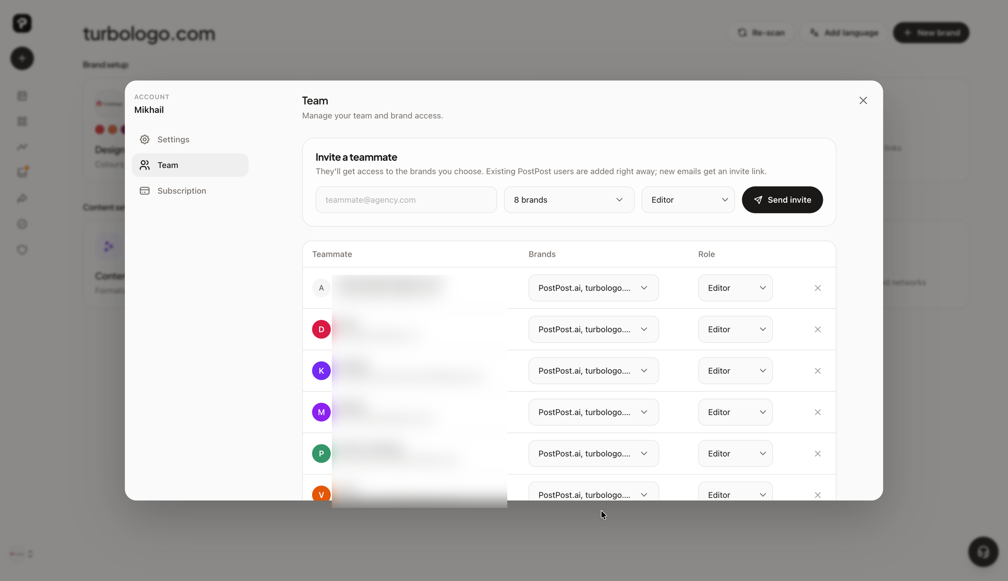 Inviting teammates and setting a role per brand in PostPost.ai