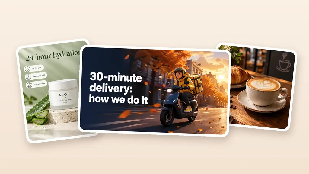 Images generated by AI from prompts: an ALOE cream product card, a delivery article cover with a courier on a scooter and a cappuccino
