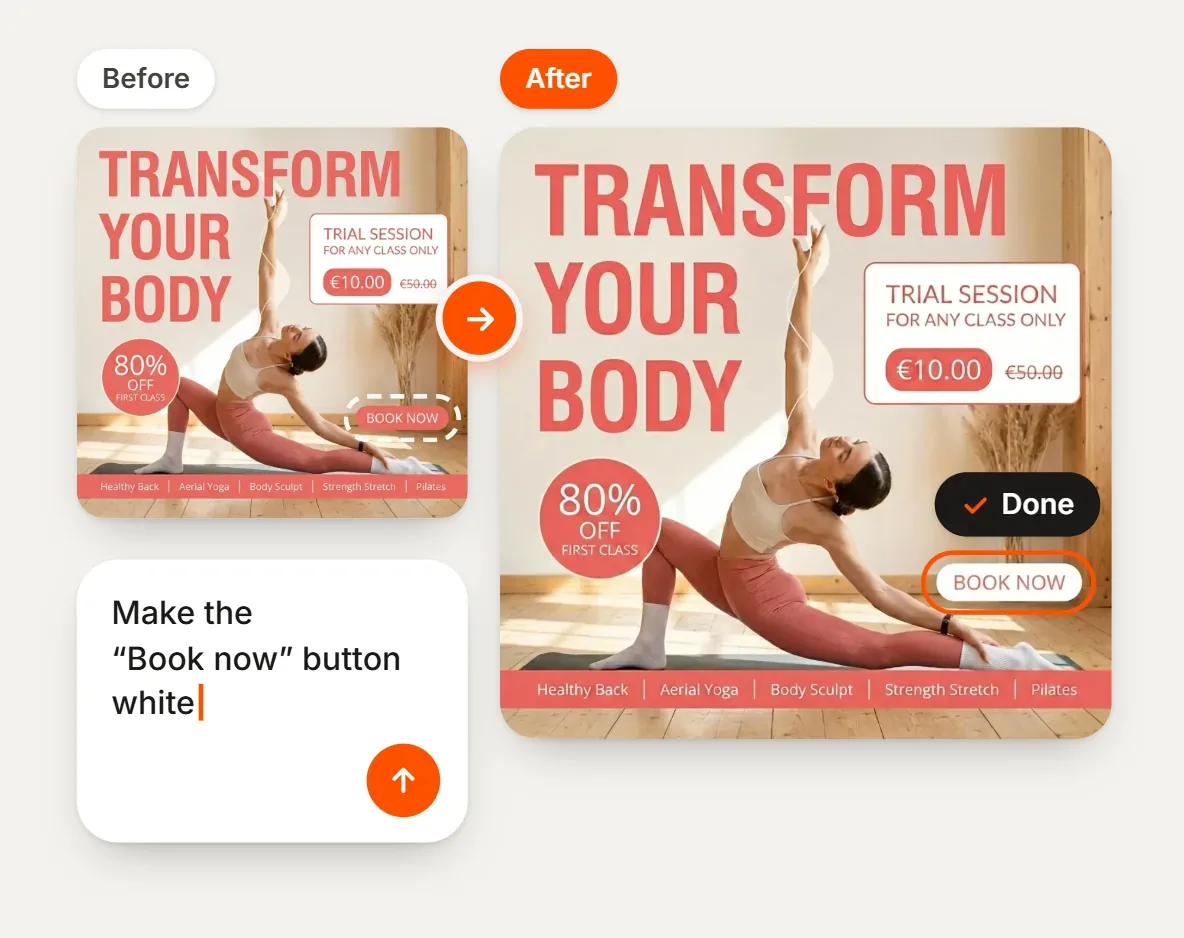 Interface mockup: the edit “Make the Book now button white” and the same post with a white Book now button