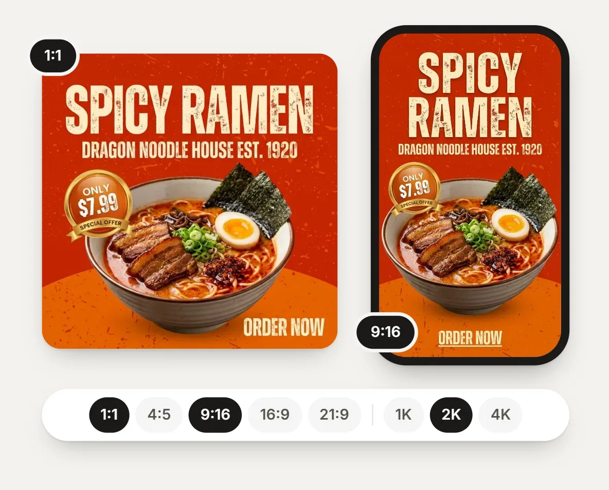 Interface mockup: one ramen bar design in 1:1 and 9:16 formats with the aspect ratio and quality switcher