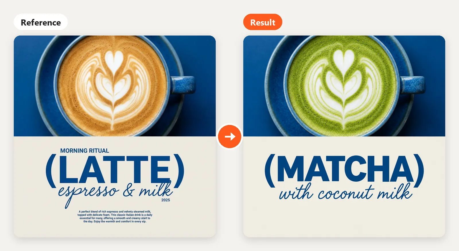 Left: a reference post with a latte and the word LATTE. Right: the same layout with matcha and the headline MATCHA