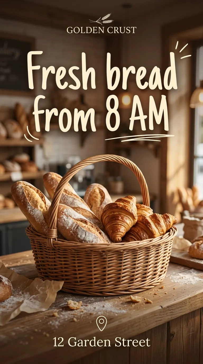 A bakery story with Fresh bread from 8 AM above a basket of baguettes and croissants and the address at the bottom