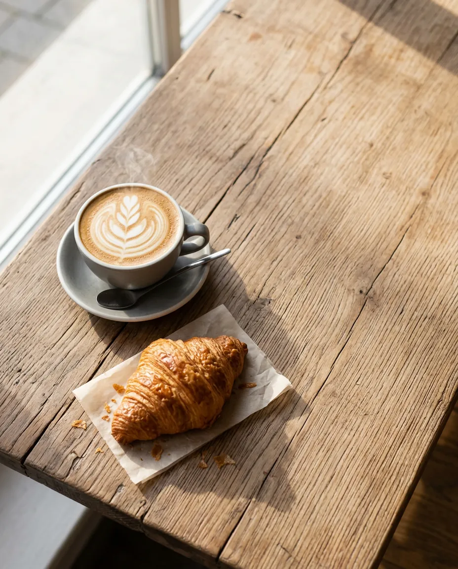 A cappuccino with latte art and a croissant on a wooden table by a window in morning light, top-down view