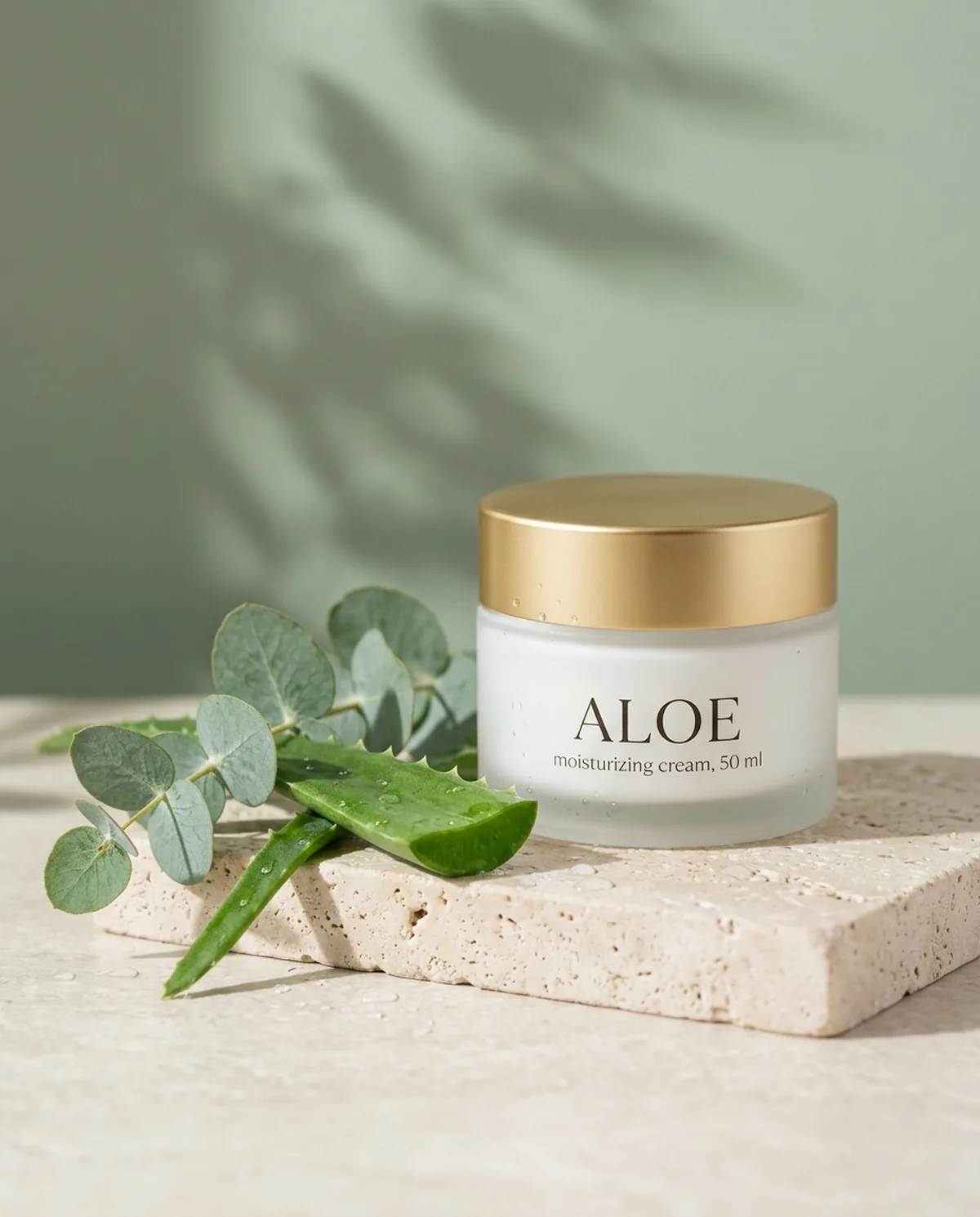 An ALOE cream jar with a gold lid on a travertine podium next to an aloe leaf and eucalyptus on a sage-green background