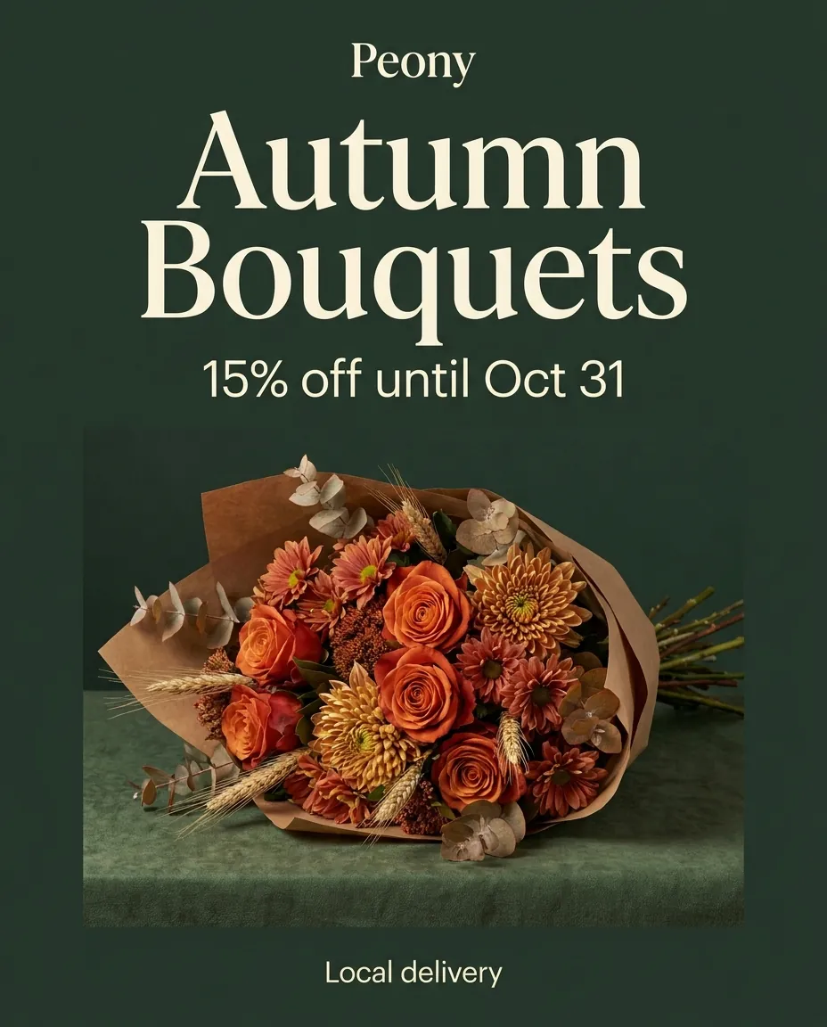 A flower studio post with the headline Autumn Bouquets, 15% off until Oct 31 and a bouquet in kraft paper on a dark green background