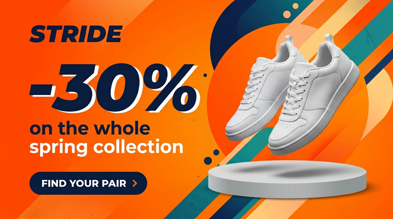 A sale banner for the STRIDE sneaker store: −30% on the spring collection, a “Find your pair” button and white sneakers above a podium on an orange background