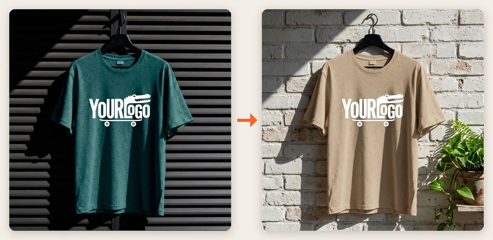 On the left, a green T-shirt with a print against dark shutters; on the right, the same T-shirt in sandy beige against a white brick wall with a plant