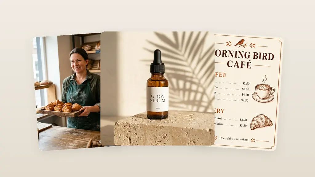 Images made by Nano Banana Pro, Nano Banana 2 and GPT Image 2.5 in our test: a baker portrait, a serum bottle and a café menu