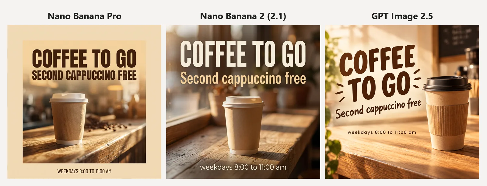 Test 1: the same social post prompt in Nano Banana Pro, Nano Banana 2 and GPT Image 2.5