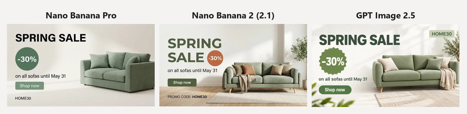 Test 2: the same sale banner prompt in Nano Banana Pro, Nano Banana 2 and GPT Image 2.5