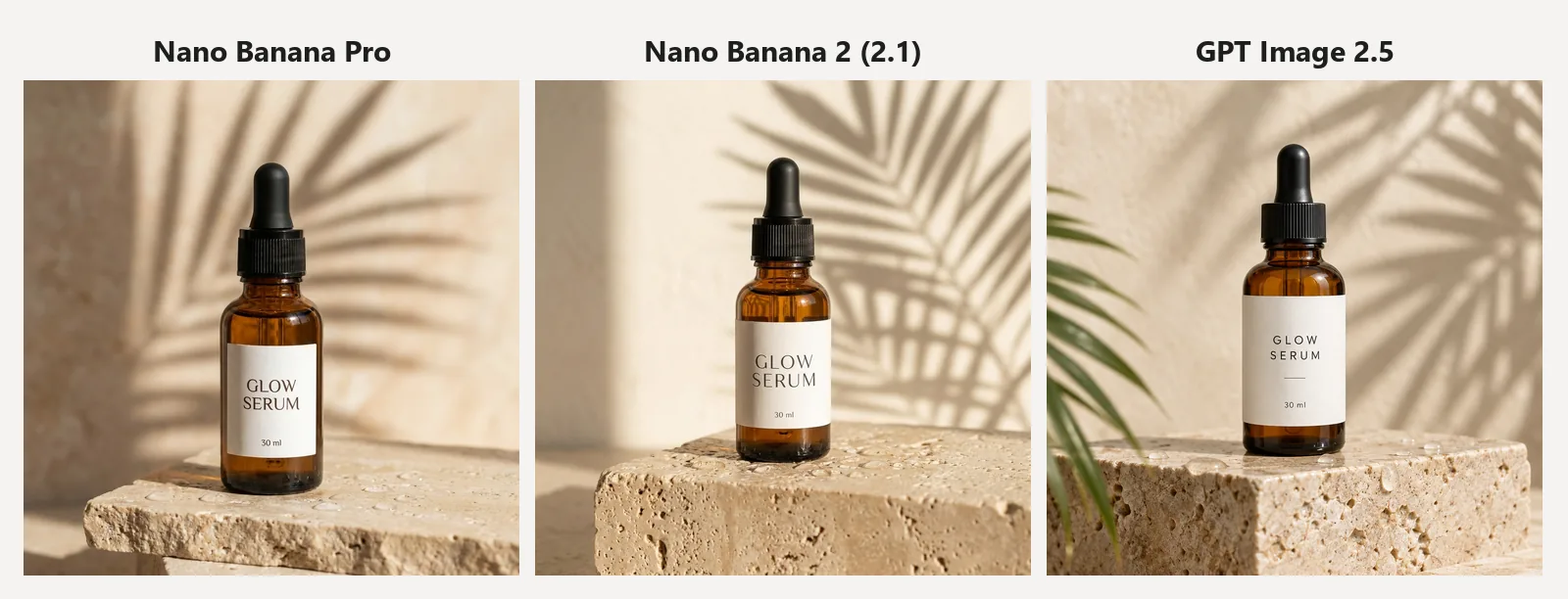 Test 3: the same product photo prompt in Nano Banana Pro, Nano Banana 2 and GPT Image 2.5