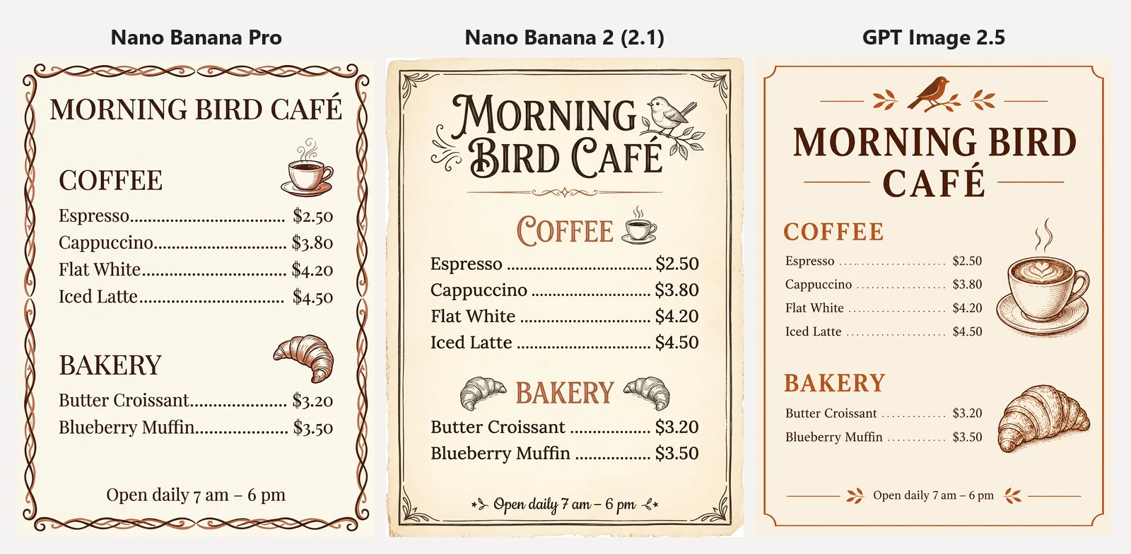 Test 5: the same café menu prompt in Nano Banana Pro, Nano Banana 2 and GPT Image 2.5
