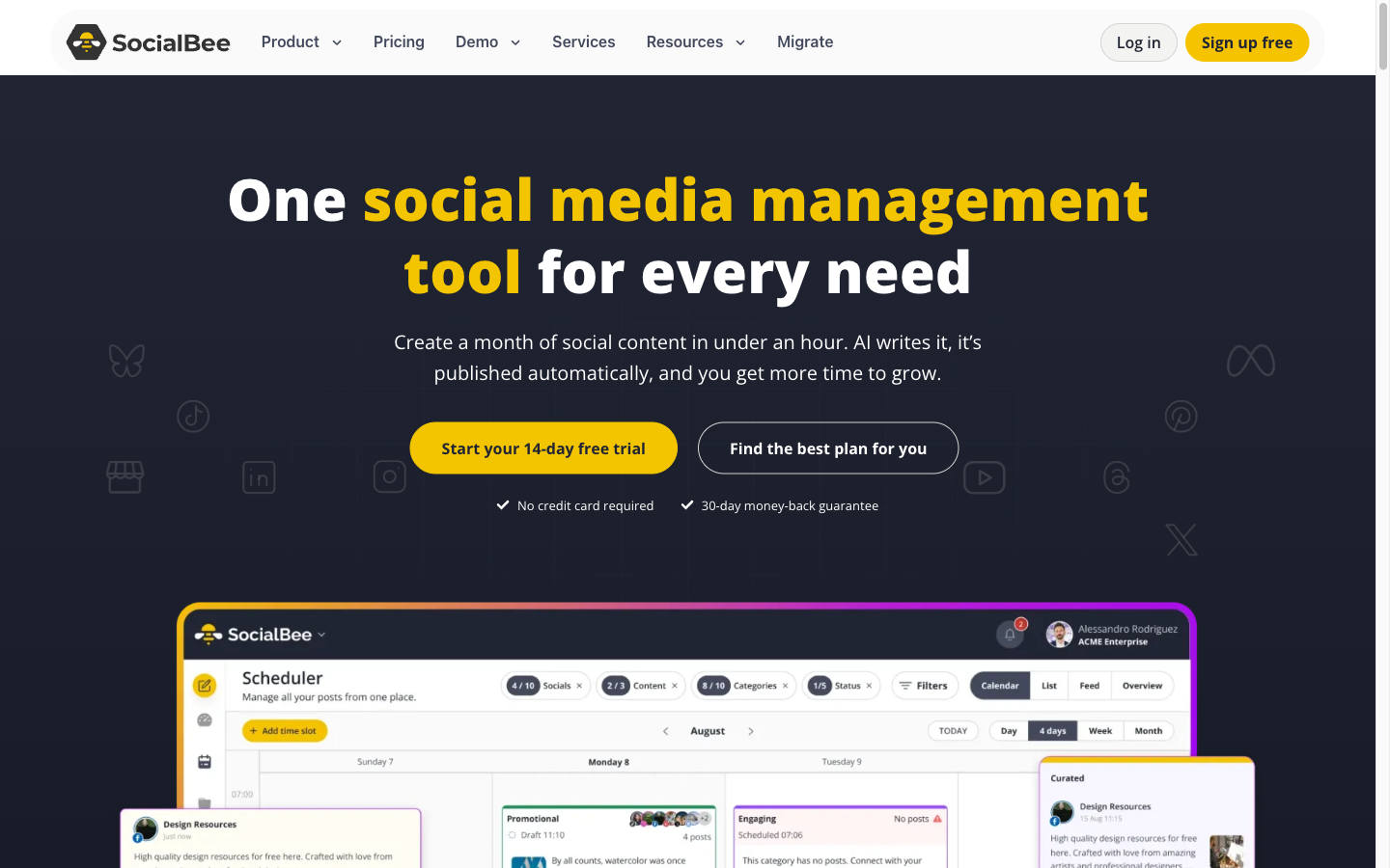 SocialBee con su programador y categorías de contenido