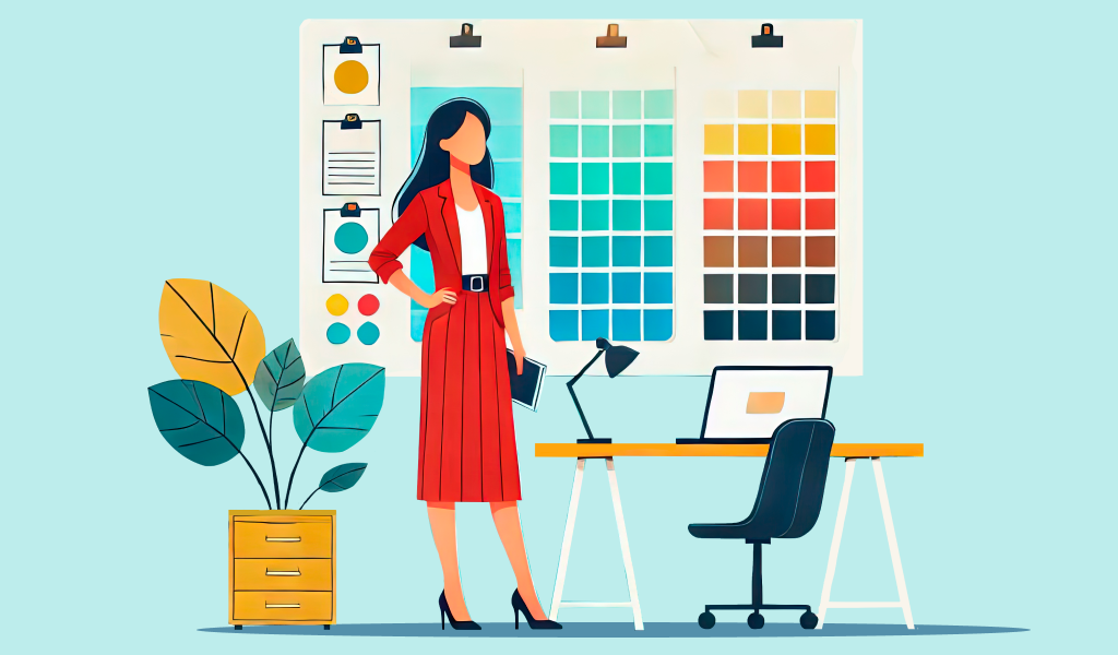 Femme debout devant un mur avec des palettes de couleurs, travaillant sur la sélection de couleurs pour le design graphique. Un environnement de travail créatif avec des plantes décoratives et une table de travail.